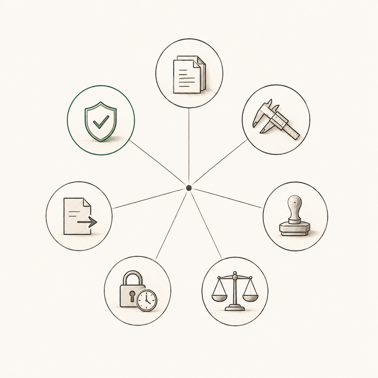 Seven dimensions of validation software shown as a radial diagram: protocol depth, acceptance criteria, regulatory mapping, risk basis, change control, output format, and data integrity
