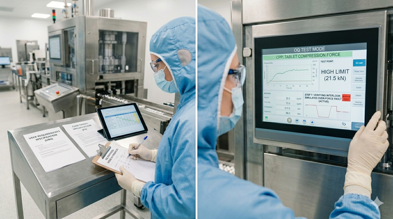 Validation engineer reviewing OQ test requirements on equipment HMI and source documents