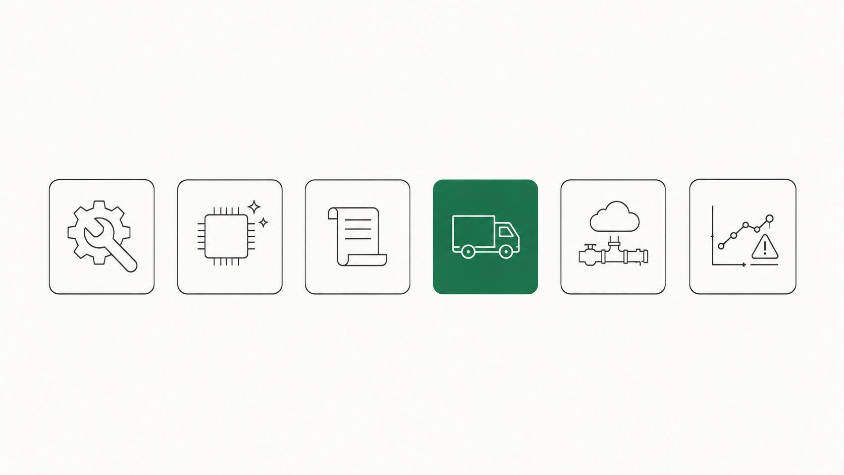 Six revalidation triggers shown as icons in a row: equipment modification (wrench on gear), software or firmware update (chip), process or recipe change (scroll), supplier or material change (highlighted truck), environmental or utility change (cloud and pipes), and reassessment driven by deviations or drift (trend line with warning)
